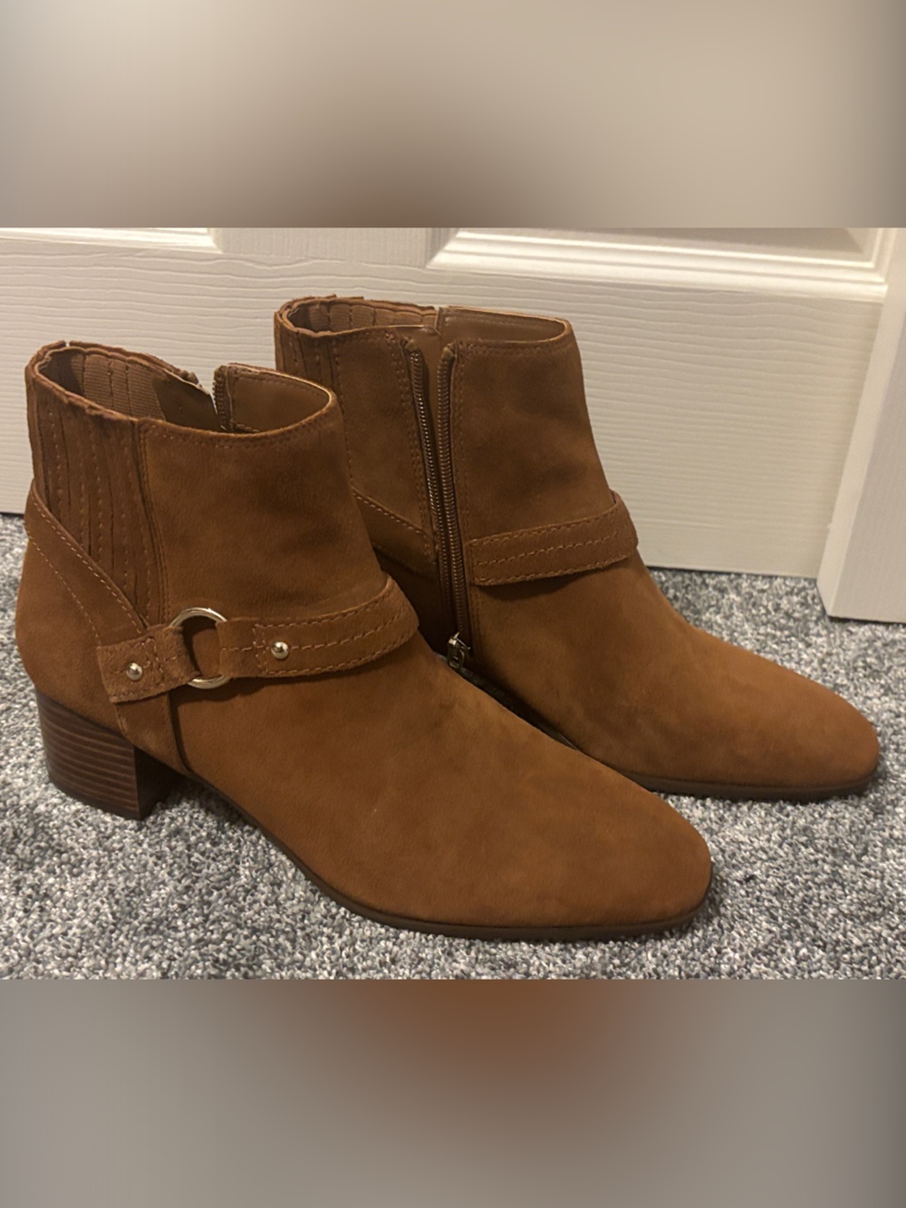 Essex Lane Jacey Brown Suede Moto Harness Ankle Boots Stacked Block Heel